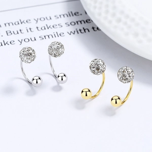 S925 silver C-shaped stud earrings with micro-pave crystal balls in gold and silver