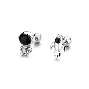 Asymmetrische Astronauten- und Raketen-Ohrstecker aus 925 Sterling Silber mit Schraubverschluss