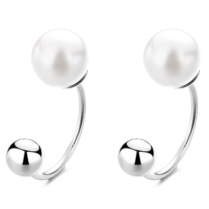 U-shaped 925 sterling silver earrings with glossy pearl and polished silver beads
