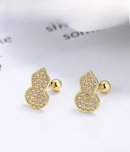 Detail of gold-plated S925 sterling silver gourd stud earrings with zircon inlay