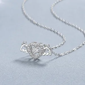Elegant 925 sterling silver angel wing heart necklace with a dancing stone center