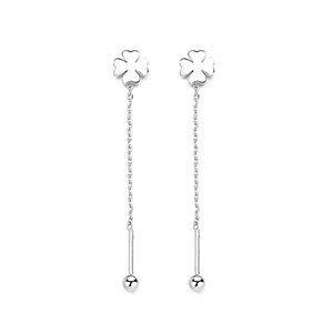 Elegant 925 sterling silver four-leaf clover long tassel earrings with threader chain