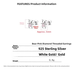Detailed size and material diagram of 925 silver pink zircon bear stud earrings