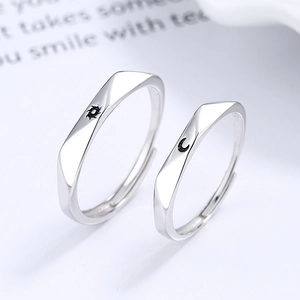 Minimalist 925 sterling silver sun and moon couple rings with adjustable open band design