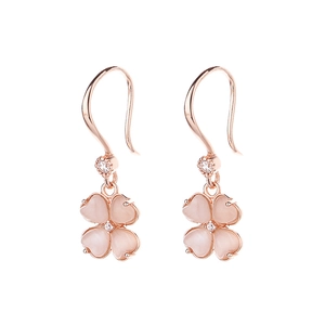 Boucles d'oreilles trèfle en argent 925 plaqué or rose avec pierres roses et cristaux