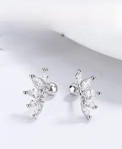 Macro detail of S925 silver marquise-cut zirconia cluster earrings with screw-back design