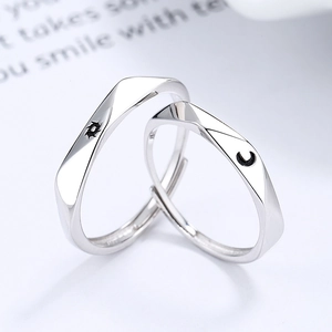 925 silver sun and moon couple rings with adjustable opening and faceted geometric design