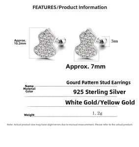 Detailed view of 925 sterling silver gourd screw earrings with paved zirconia dimensions