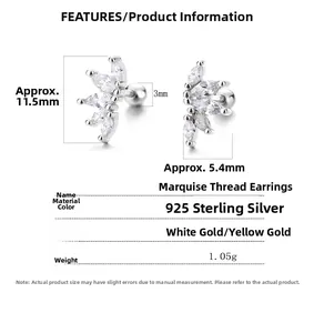 Detailed view of marquise-cut zircon 925 sterling silver screw back stud earring