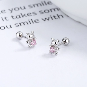 925 silver bear stud earrings with pink zircon stone and secure screw back clasp