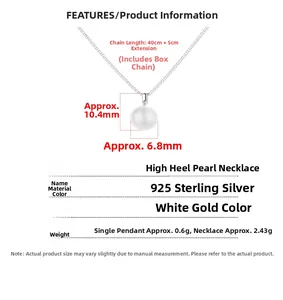 Spécifications du collier en argent 925 avec pendentif perle et chaîne de 45 cm