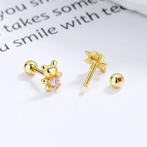 925 silver golden bear stud earrings with pink zircon and screw ball back design