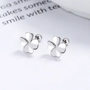 Orecchini a Bottone in Argento Sterling 925 con Quadrifoglio e Chiusura a Vite per Donna Gioielli Geometrici Minimalisti a Cuore