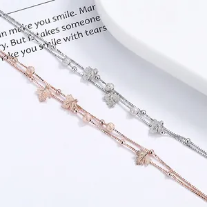 925 Sterling Silver Maple Leaf Double Layer Bracelet For Women Platinum Rose Gold Plated Frosted Beads Fine Jewelry Gift
