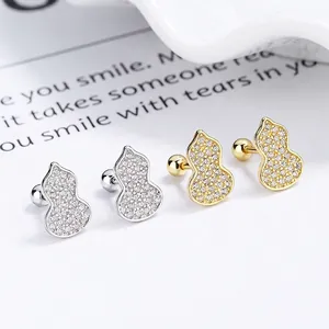 925 Sterling Silver Gourd Stud Earrings For Women Rhinestone Hulu Shape Screw Ball Back Jewelry Elegant Daily Wear Earring