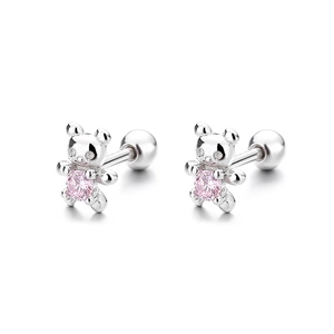 925 silver teddy bear screw back earrings with pink heart gemstones on white background