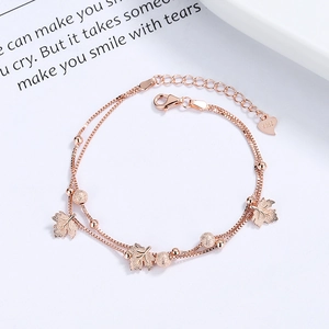 925 silver maple leaf double-layer bracelet in rose gold with matte beads