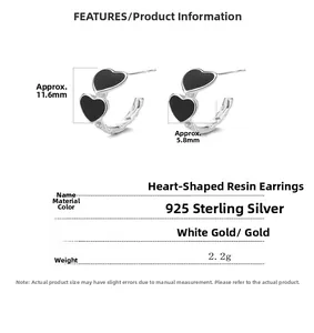 Detailed specs for 925 sterling silver black enamel heart earrings with dimensions