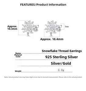 Detailed size chart of 925 sterling silver snowflake stud earrings in gold and silver