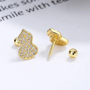 Sparkling S925 sterling silver gourd stud earrings with gold plating and zircon inlay