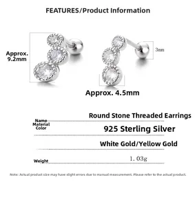 Detailed size specifications and technical parameters for 925 sterling silver stud earrings