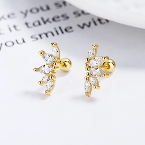 Golden 925 sterling silver marquise leaf stud earrings with clear zircon stones