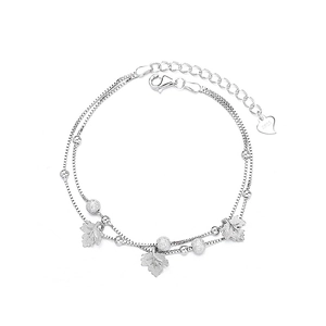 925 sterling silver maple leaf double layer bracelet with frosted beads on white background