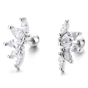 925 sterling silver leaf stud earrings with marquise zircons and ball screw backs