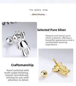 Detailed macro view of 925 sterling silver bear stud earrings with secure screw back closure