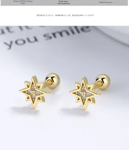Macro shot of 925 sterling silver star stud earring with gold plating and zircons
