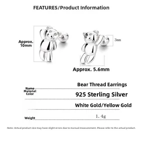 Detailed size specifications and structure of 925 sterling silver bear screw stud earrings
