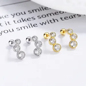 925 Sterling Silver Round Row Rhinestone Screw Back Stud Earrings For Women White Yellow Gold Electroplated Piercing Jewelry