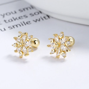 Sparkling silver snowflake screw-back earrings with marquise stones for women