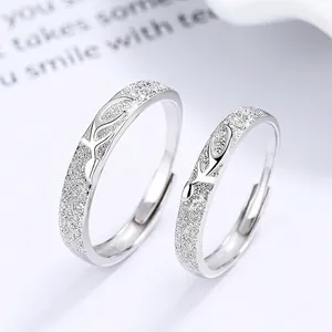 S925 Sterling Silver Antler Couple Rings Frosted Adjustable Open Finger Rings Valentin Day Gift For Men Women Jewelry