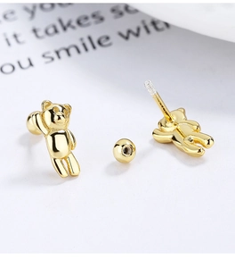 Detail of gold bear earrings with secure screw back closure on decorative card