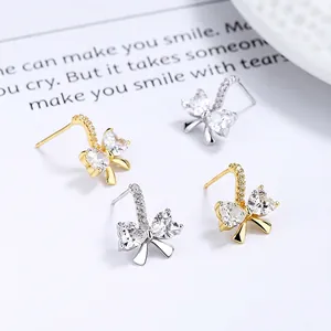 Boucles d'Oreilles Clous en Argent Sterling 925 Nœud pour Femmes Design de Niche Strass Forme de Cœur Électroplaqué Bijoux de Mode