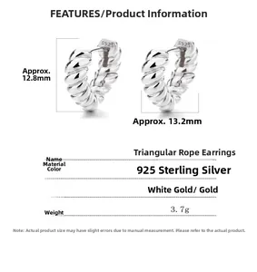 Detailed size specifications for S925 sterling silver triangular twisted rope earrings