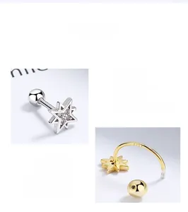 Macro detail of S925 sterling silver star earrings with zircon and screw ball back