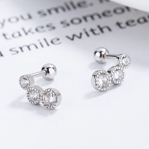 925 silver stud earrings with triple round cubic zirconia and screw-back ball closures