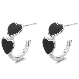 Minimalist 925 silver double heart stud earrings with black enamel for women
