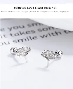 Macro detail of S925 silver ginkgo leaf stud earring with secure screw back closure