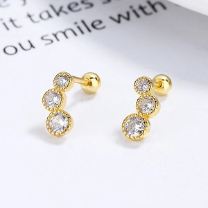 Curved gold 925 silver stud earrings with three sparkling round zircons for women