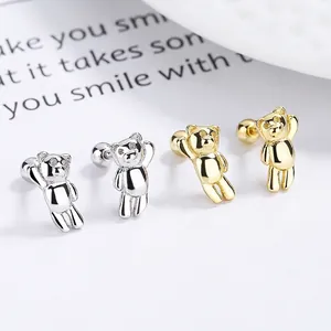 925 Sterling Silver Bear Stud Earrings For Women Cute Animal Korean Style Screw Back Ball Cartilage Earrings Simple Jewelry Gift