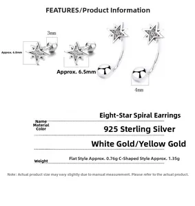 Detailed size specifications for 925 sterling silver starburst screw back earrings