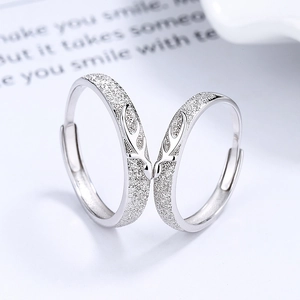 S925 sterling silver couple rings with matte texture and polished antler design