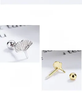 Detail showing 925 sterling silver ginkgo leaf stud earrings with secure threaded screw backs