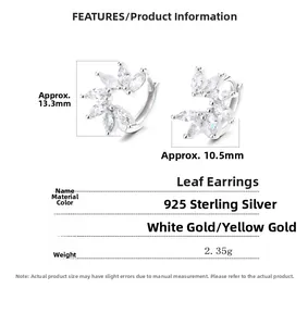 Détail des boucles d'oreilles feuilles en argent 925 avec zircons et hauteur 13,3 mm