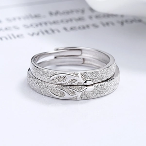 925 silver couples ring set with frosted texture and stag horn hollow design