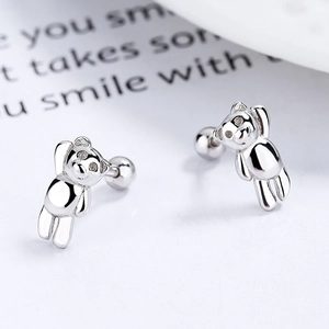 S925 sterling silver bear stud earrings with screw back design for daily wear