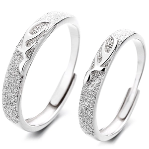 Adjustable S925 silver couple rings with matte finish and embossed reindeer antlers